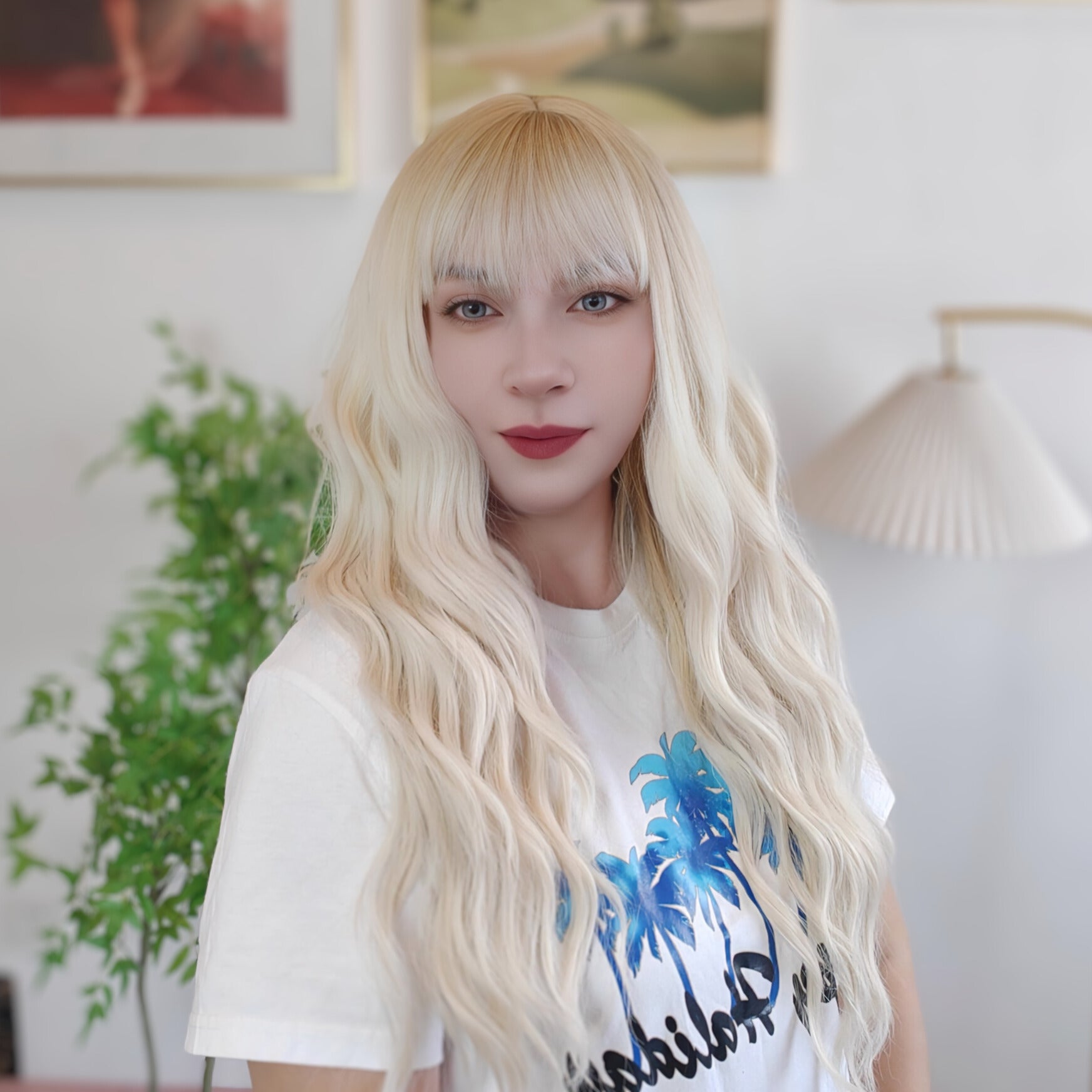 White blonde long wave wig with bangs