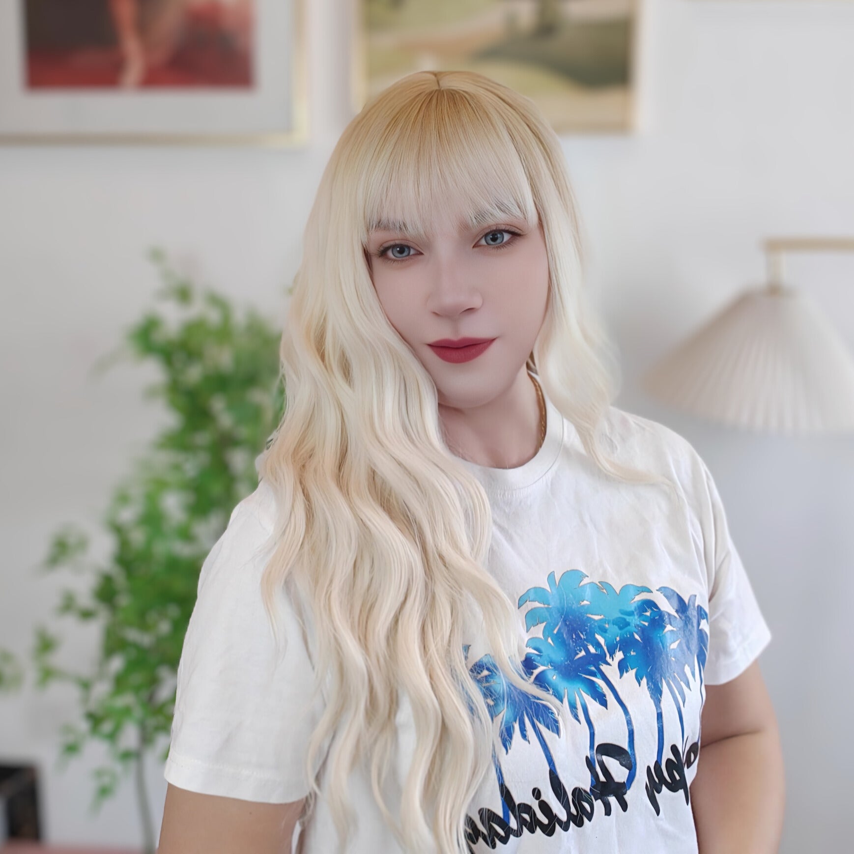 White blonde long wave wig with bangs