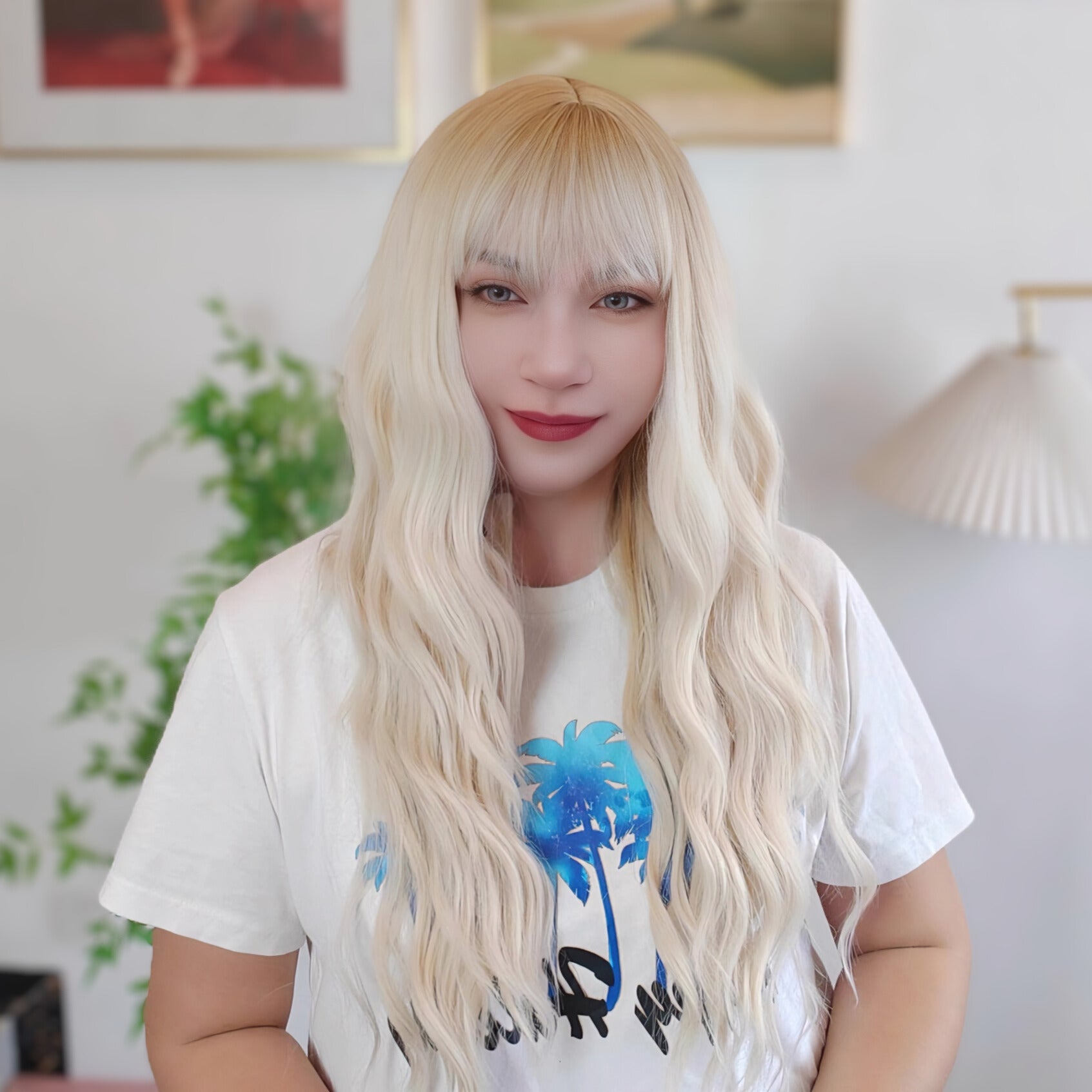 White blonde long wave wig with bangs