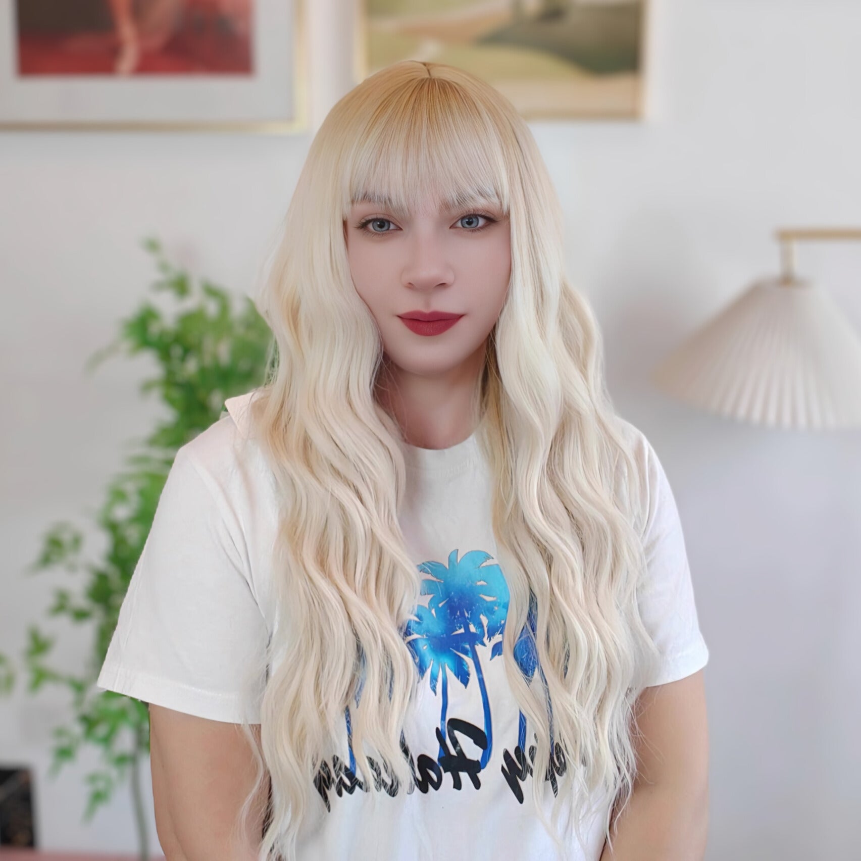 White blonde long wave wig with bangs