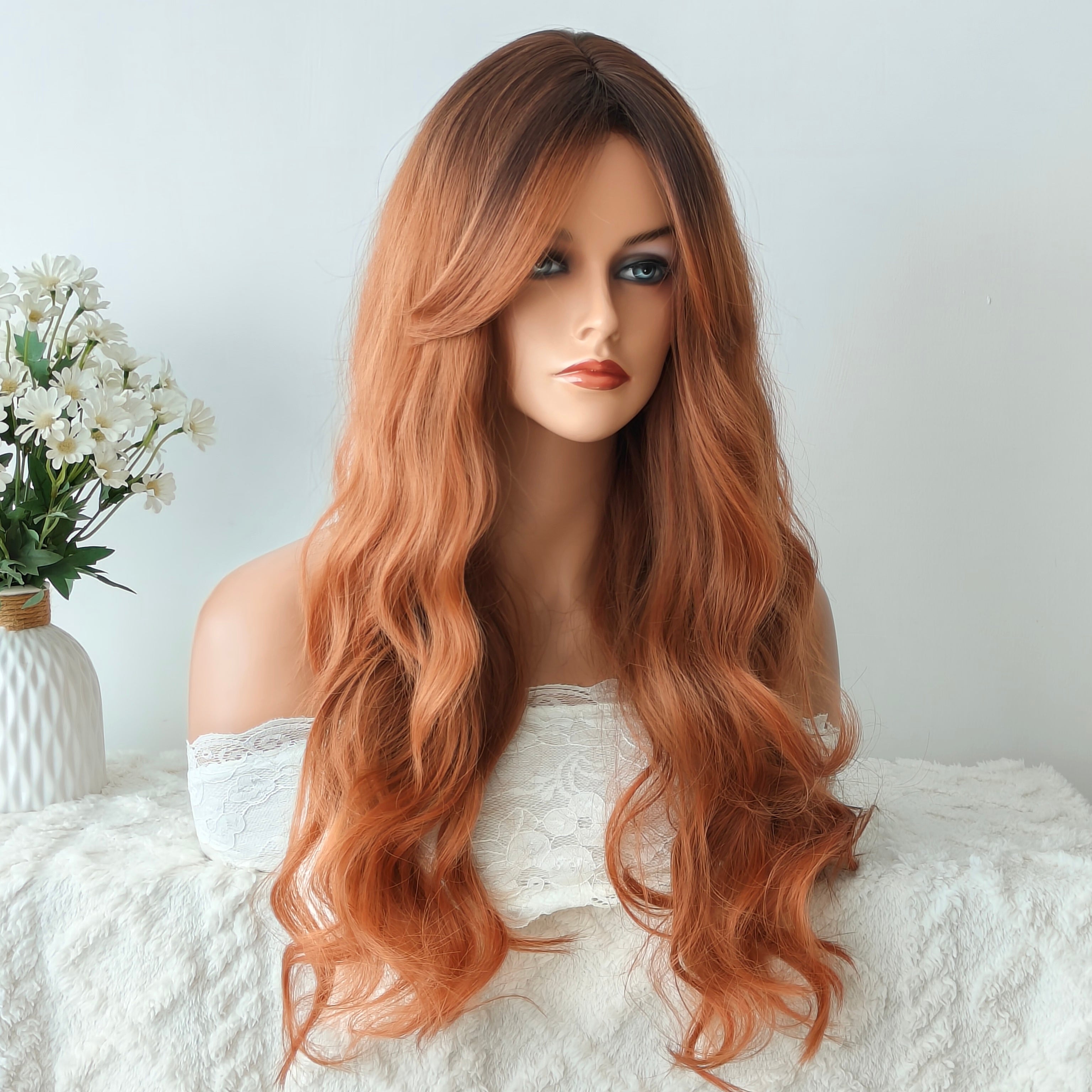 Ivy Red Brown Long Wave Wig with Bangs