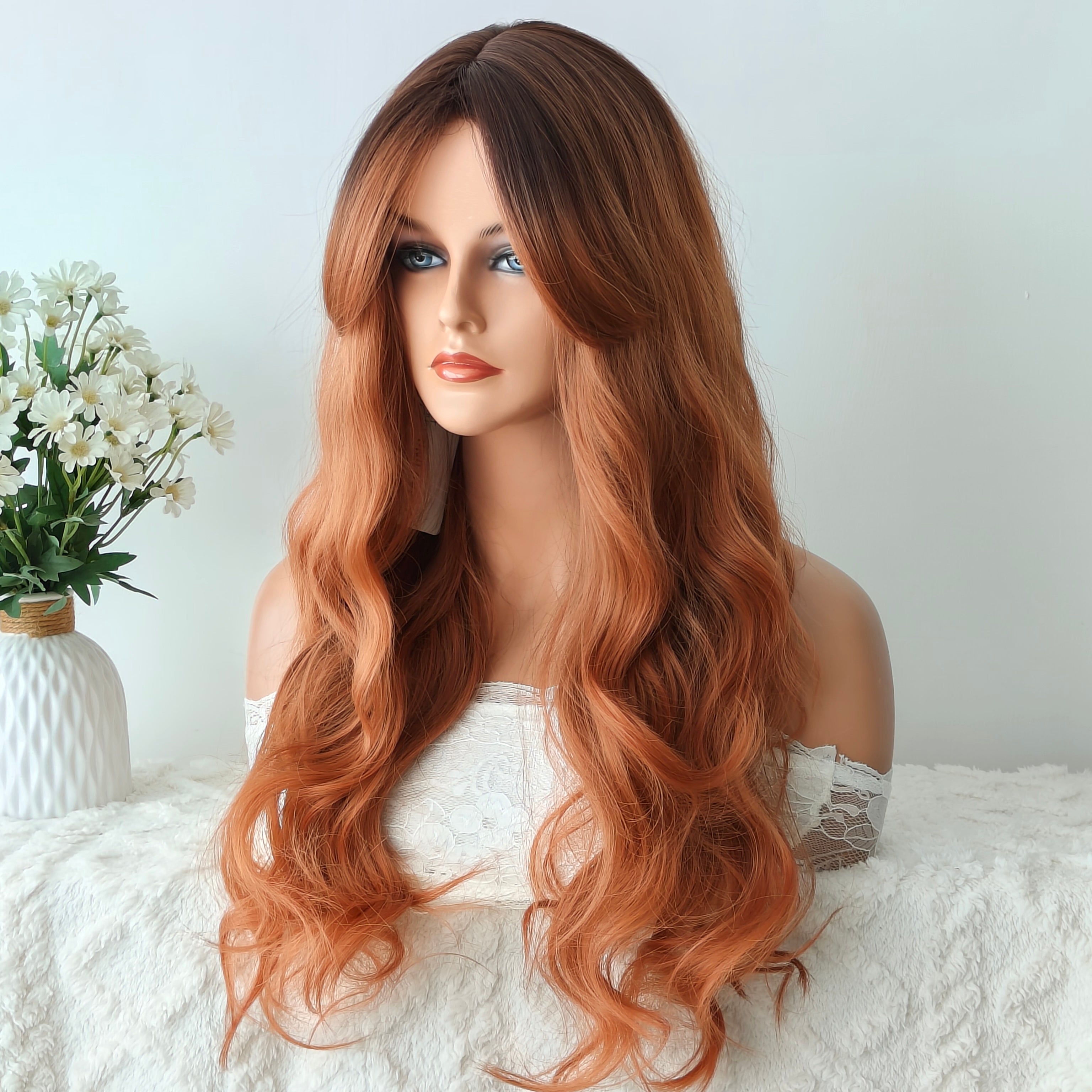 Ivy Red Brown Long Wave Wig with Bangs