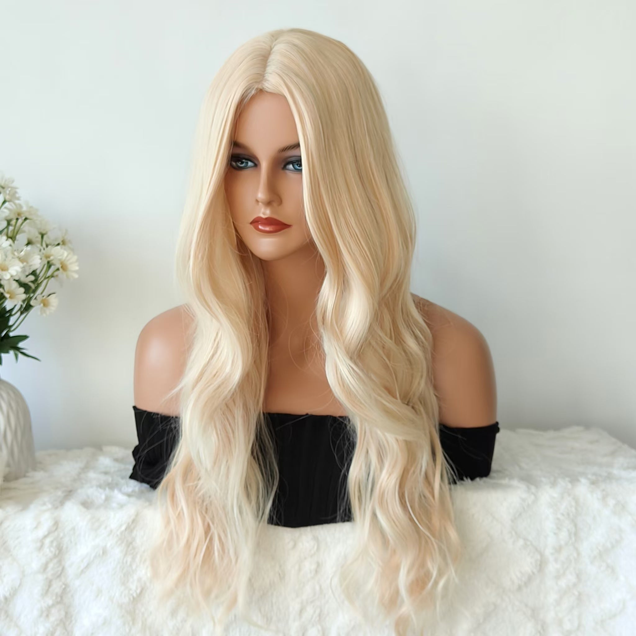 Ellie White blonde long wave wig without bangs