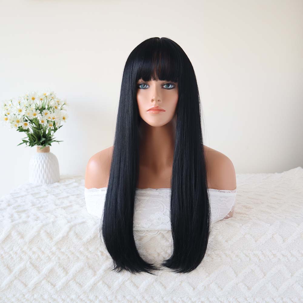 Black Long Straight Wig with Bangs