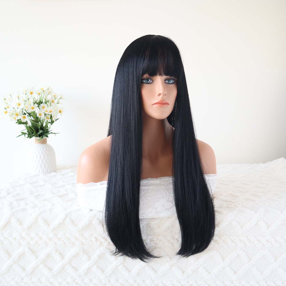 Black Long Straight Wig with Bangs