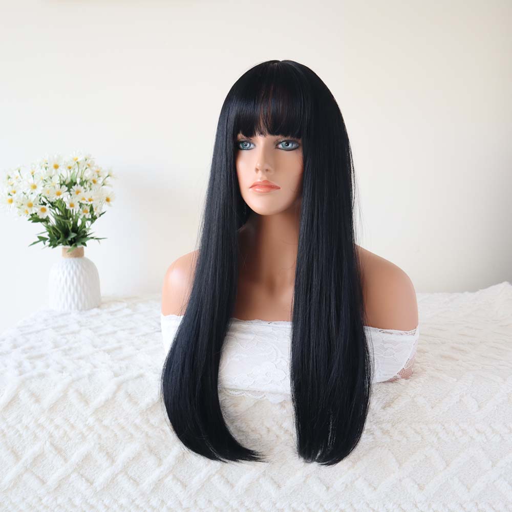 Black Long Straight Wig with Bangs