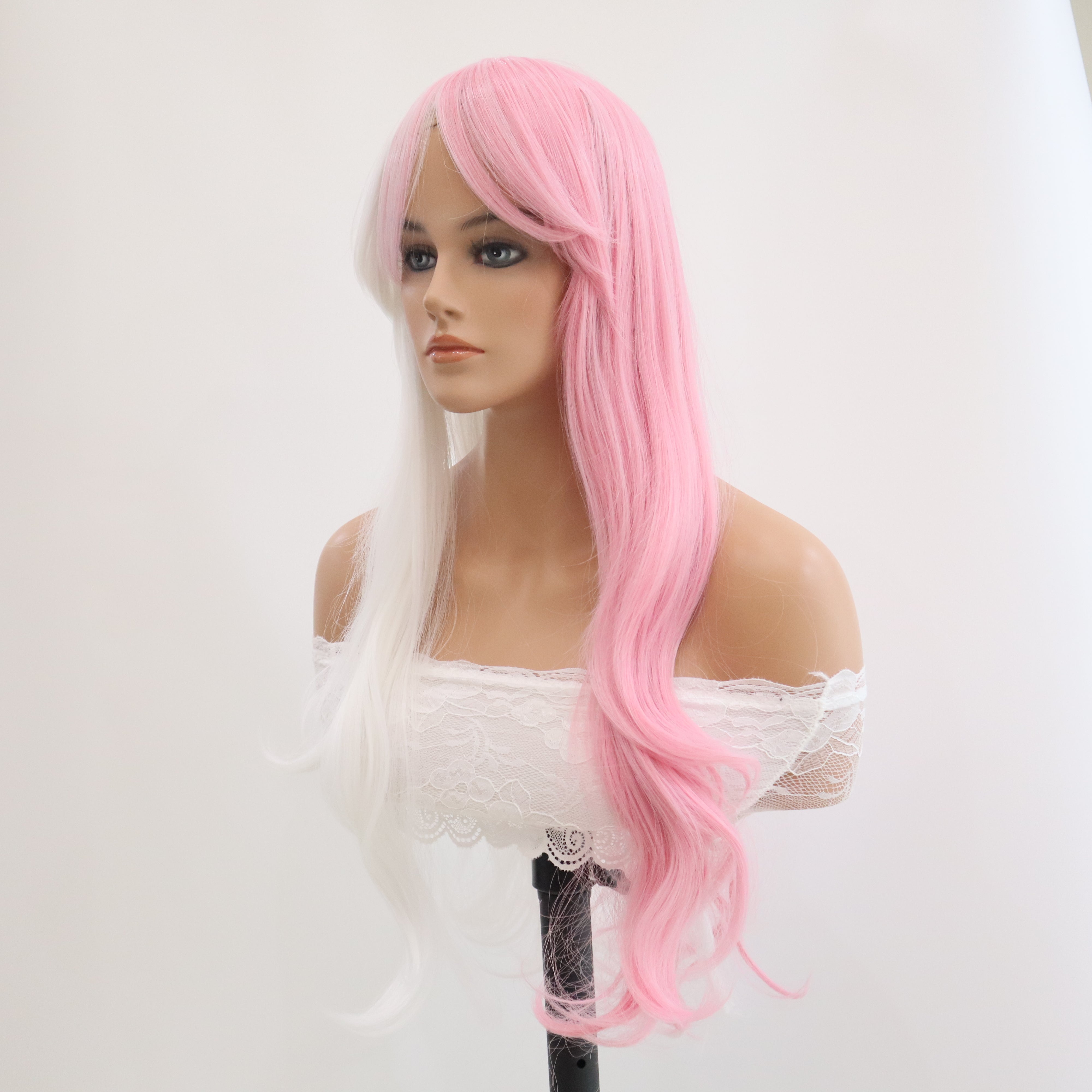 Pink mixed White Long Wavy Wig with Bangs