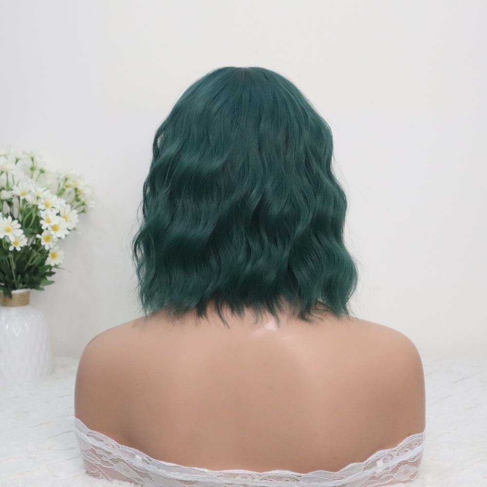 Green Short Wavy Wig with bangs