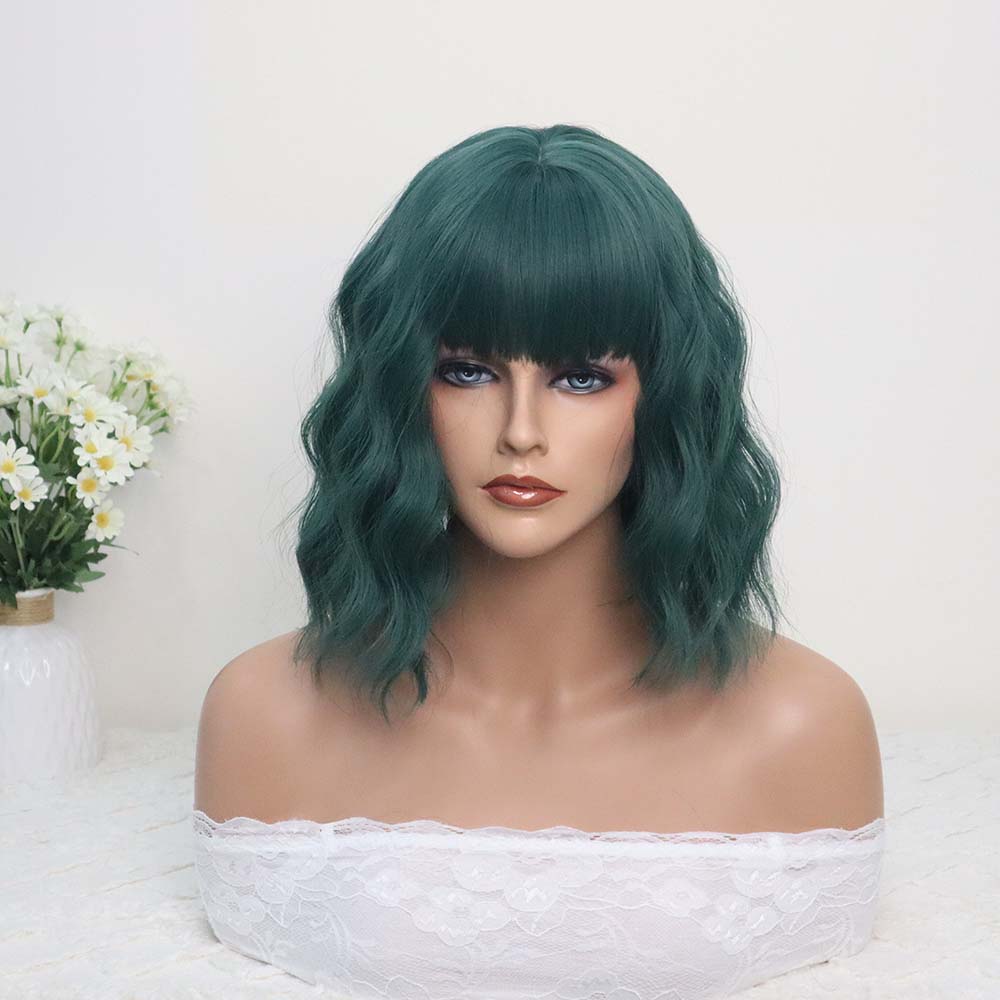 Green Short Wavy Wig with bangs