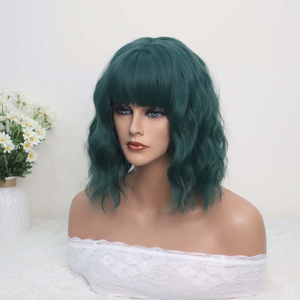 Green Short Wavy Wig with bangs