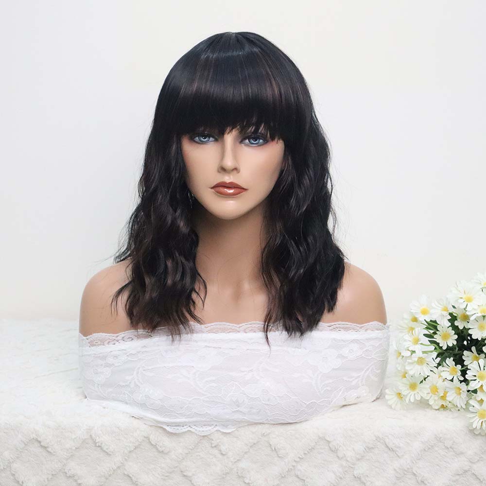 Black Short Wavy Wig with Bangs