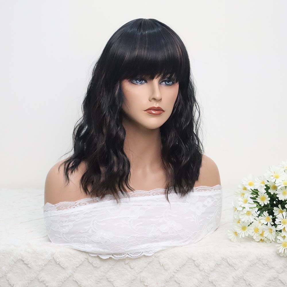 Black Short Wavy Wig with Bangs