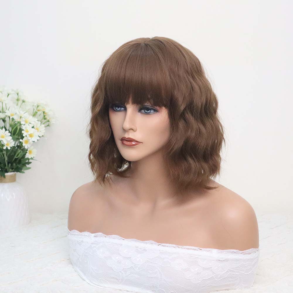 Brown Short Wavy Wig with bangs