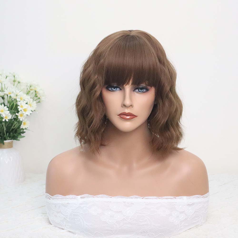 Brown Short Wavy Wig with bangs