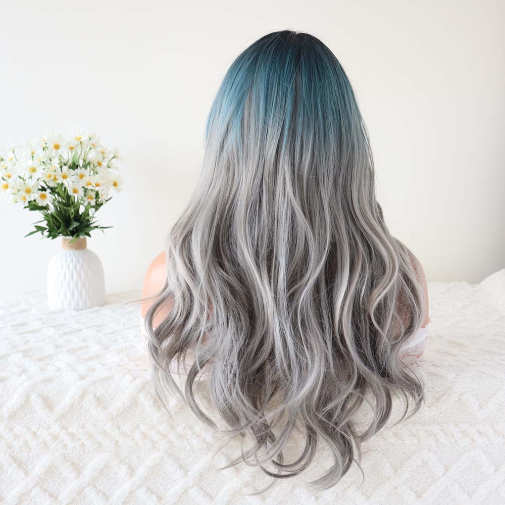 Blue Long Wavy Wig with Bangs