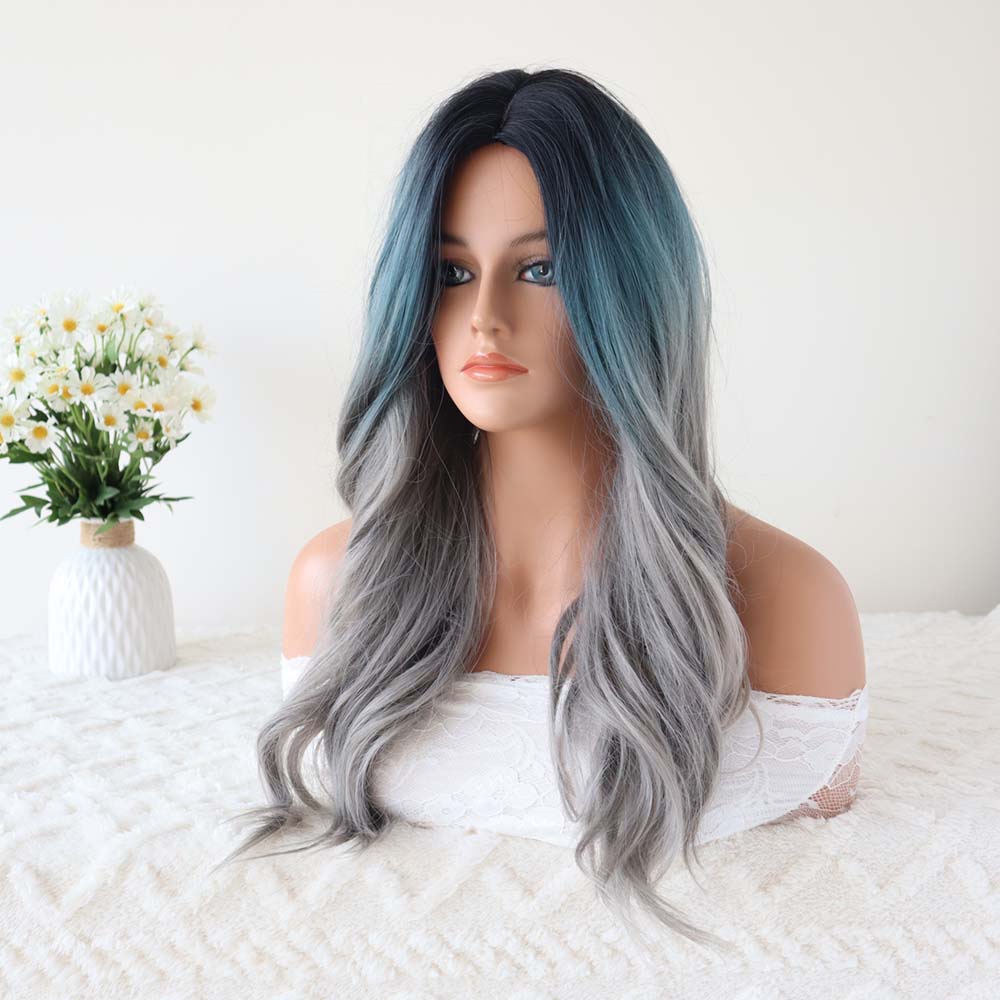 Blue Long Wavy Wig with Bangs