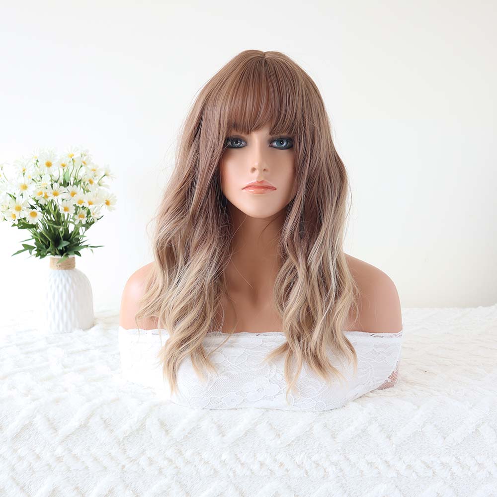 Blonde mixed Brown Long Wig with Bangs