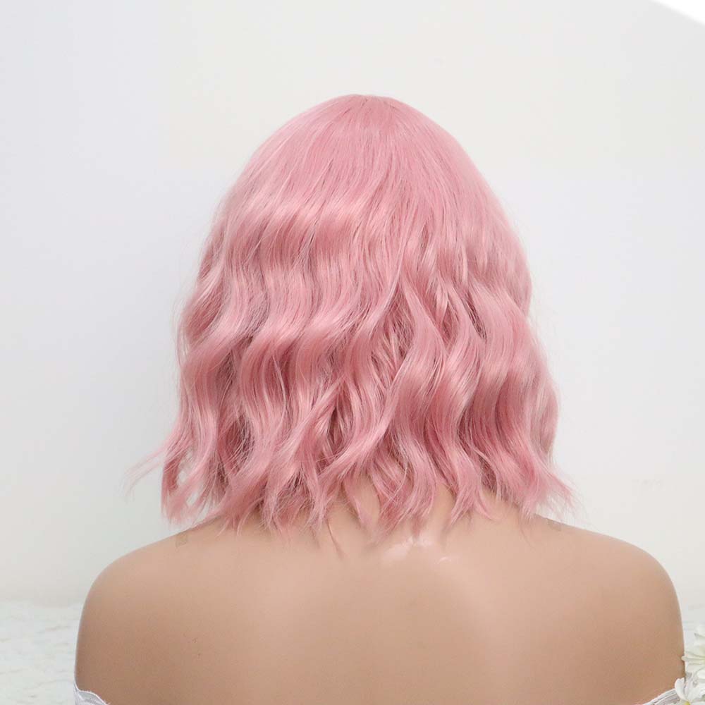 Pink Short Wavy Wig with bangs