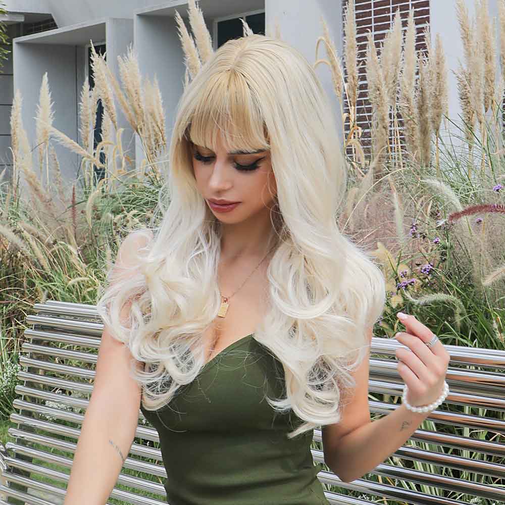 White blonde long wavy wig with bangs