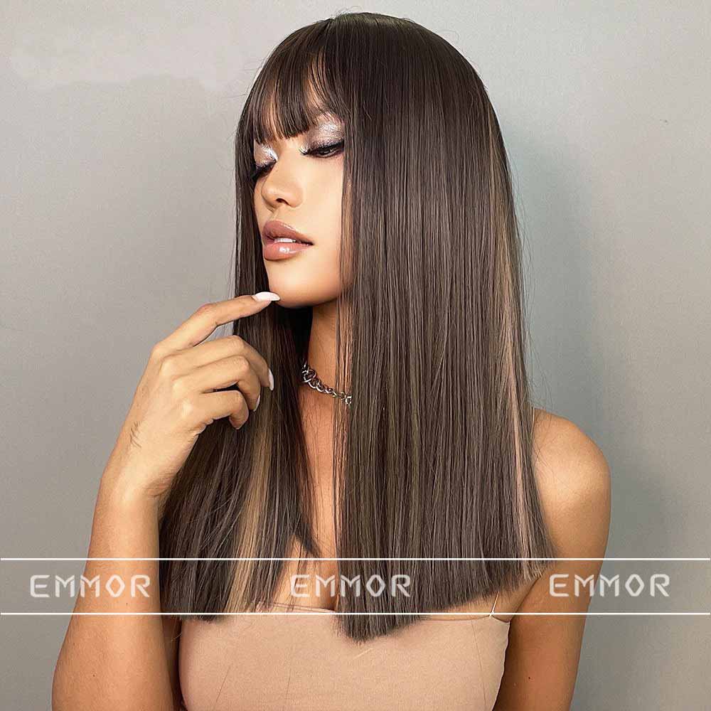 Brown mixed black highlight long straight wig