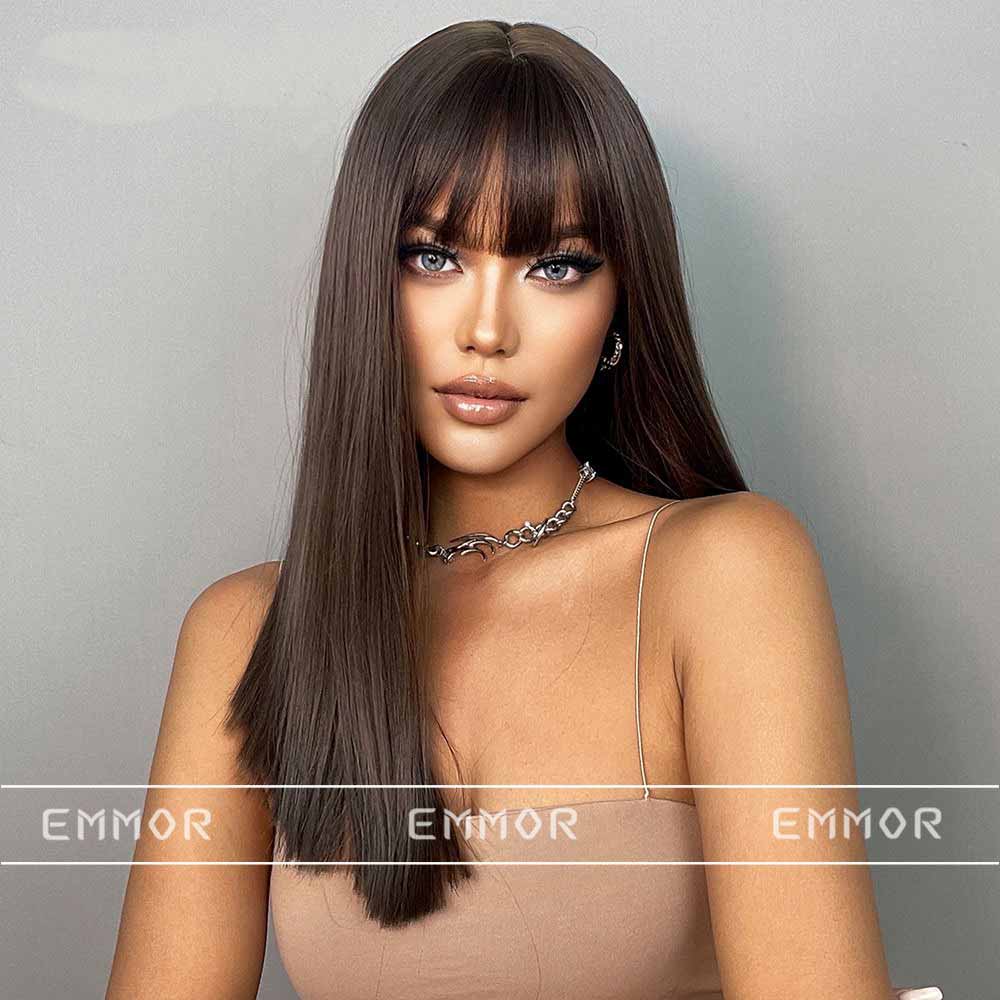 Brown mixed black highlight long straight wig