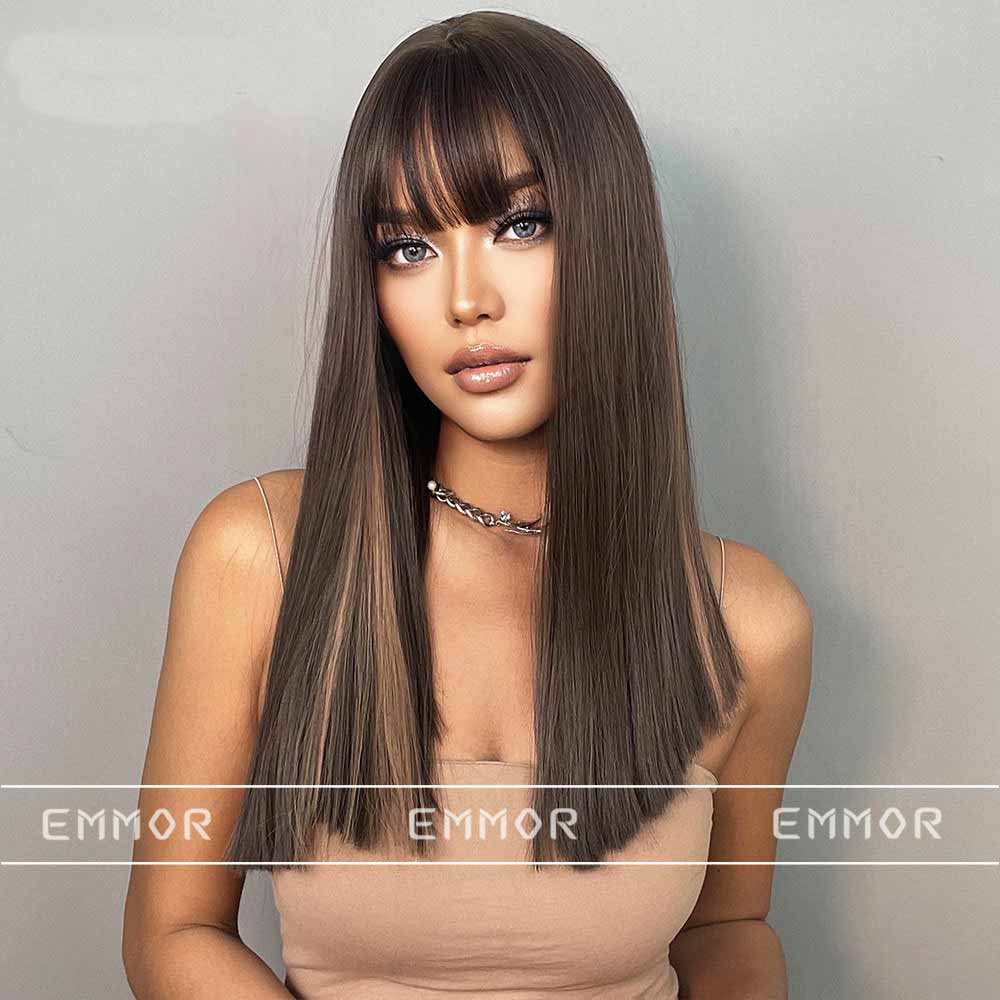 Brown mixed black highlight long straight wig