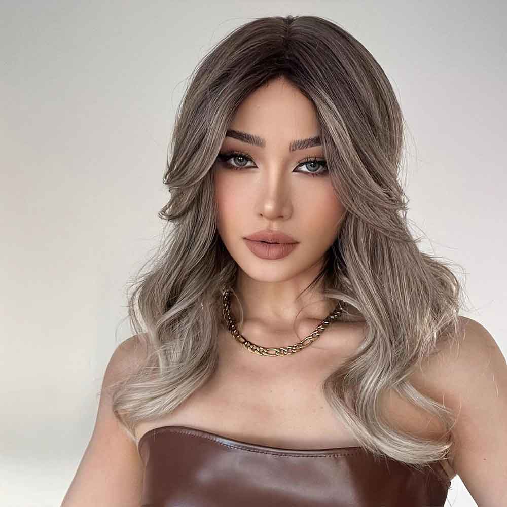 Grey highlight middle long wig