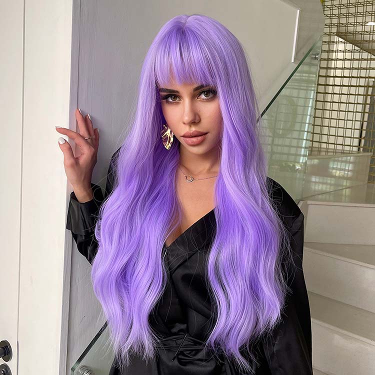 Purple Wavy Wig with Bangs