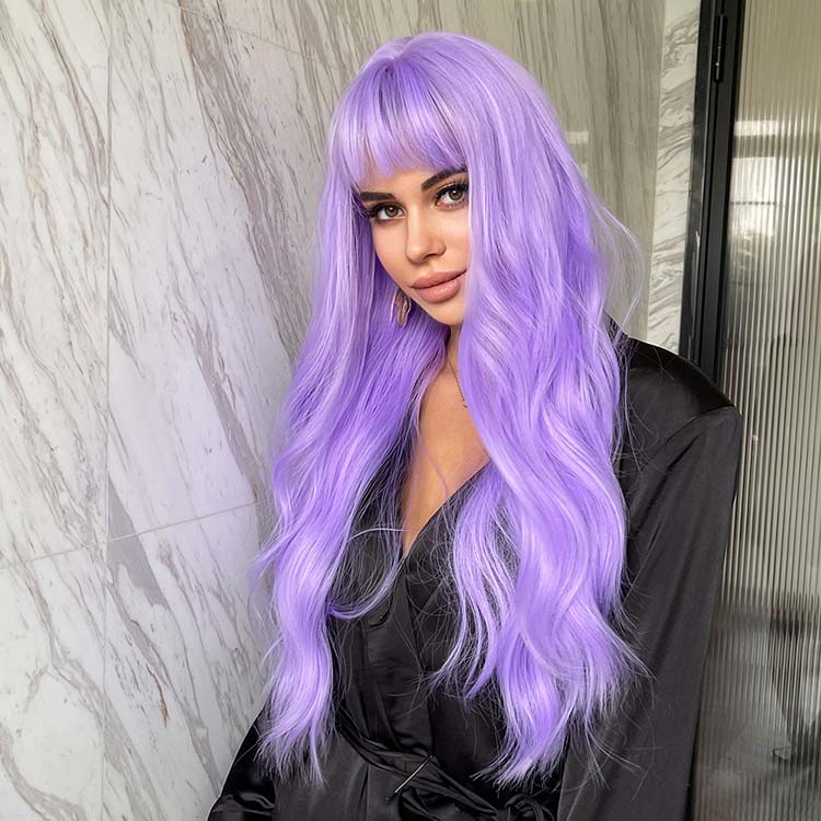 Purple Wavy Wig with Bangs